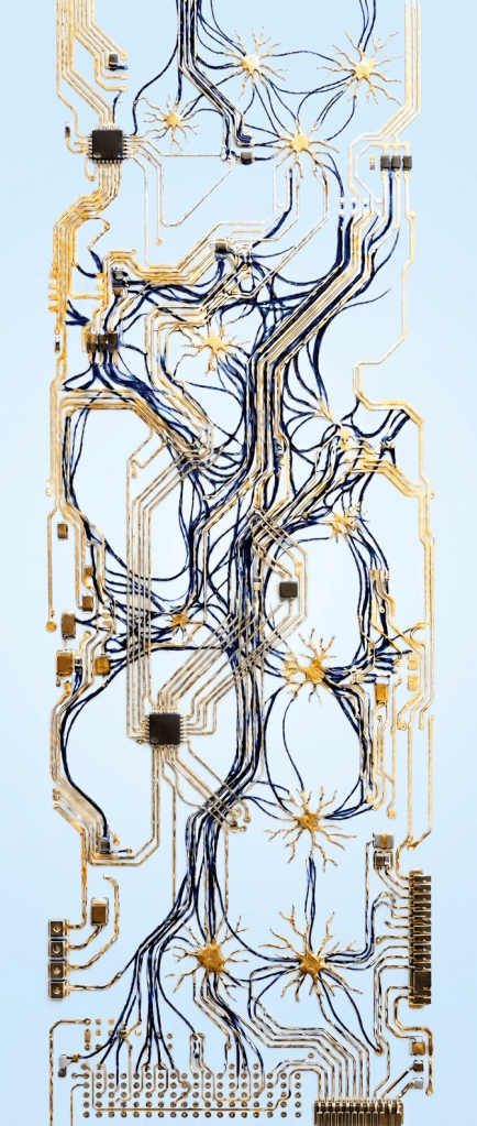 Blue circuit board with gold conductive tracks and electronic components