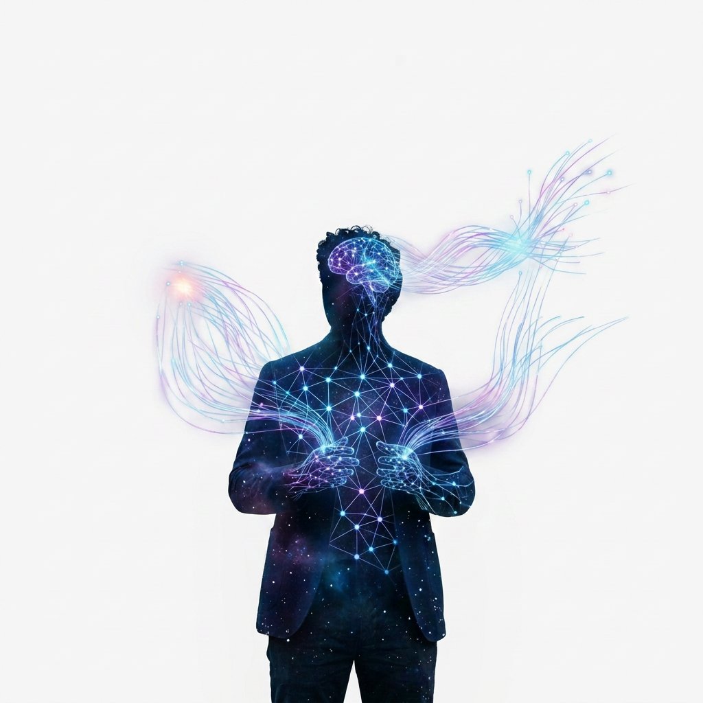 Man in blue blazer standing in a city square with digital billboards about AI and digital revolution